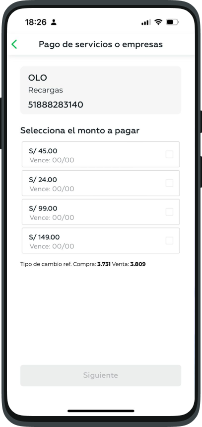 Pantalla Interbank, selecciona tu paquete favorito